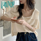 Lunivop Summer 2024 New Short Sleeve Turn-Down Collar Casual Tee T-Shirt Women’s Solid Color