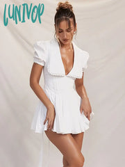 Lunivop Summer A Line Puff Sleeve Dress Elegant Casual White Dollar Collar Party Holiday Short
