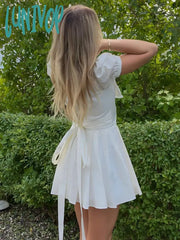 Lunivop Summer A Line Puff Sleeve Dress Elegant Casual White Dollar Collar Party Holiday Short