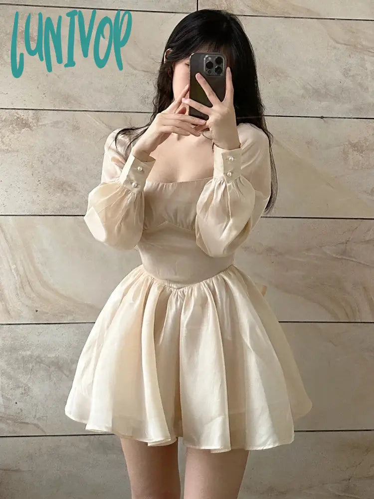Lunivop Summer Apricot France Elegant Dress Women Bow Vintage Party Female Lantern Sleeve Korean