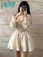 Lunivop Summer Apricot France Elegant Dress Women Bow Vintage Party Female Lantern Sleeve Korean