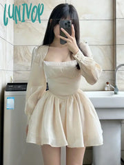 Lunivop Summer Apricot France Elegant Dress Women Bow Vintage Party Female Lantern Sleeve Korean