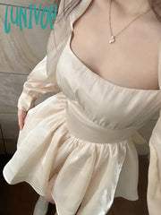 Lunivop Summer Apricot France Elegant Dress Women Bow Vintage Party Female Lantern Sleeve Korean