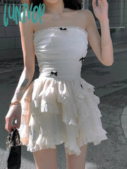 Lunivop Summer Apricot France Elegant Dress Women Bow Y2K Party Mini Female Backless Korean Fashion