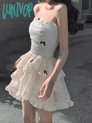 Lunivop Summer Apricot France Elegant Dress Women Bow Y2K Party Mini Female Backless Korean Fashion