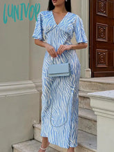 Lunivop Summer Autumn Printed Satin Dress V-Neck Short Sleeve Office Flare Midi For Women