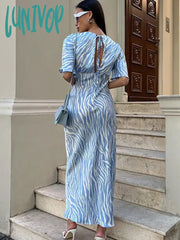 Lunivop Summer Autumn Printed Satin Dress V-Neck Short Sleeve Office Flare Midi For Women