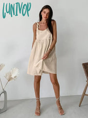 Lunivop Summer Autumn Women Holiday Solid Khaki Spaghetti Flare Linen Mini Dress For