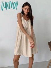 Lunivop Summer Autumn Women Holiday Solid Khaki Spaghetti Flare Linen Mini Dress For