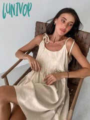 Lunivop Summer Autumn Women Holiday Solid Khaki Spaghetti Flare Linen Mini Dress For