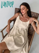 Lunivop Summer Autumn Women Holiday Solid Khaki Spaghetti Flare Linen Mini Dress For