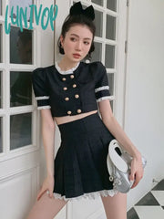 Lunivop Summer Balck Vintage Two Piece Set Women Elegant Designer Party Mini Skirt Female Casual