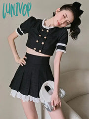 Lunivop Summer Balck Vintage Two Piece Set Women Elegant Designer Party Mini Skirt Female Casual