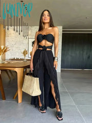 Lunivop Summer Black Sexy Women Two Piece Pant Set Tie Flowers Strapless Top Tassel High Split