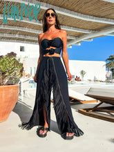 Lunivop Summer Black Sexy Women Two Piece Pant Set Tie Flowers Strapless Top Tassel High Split