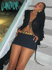 Lunivop Summer Black Sheer Mesh Beach Dress Women Elegant Sexy Lace-Up Cardigan Slim Maxi Long