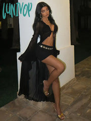 Lunivop Summer Black Sheer Mesh Beach Dress Women Elegant Sexy Lace-Up Cardigan Slim Maxi Long