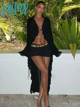 Lunivop Summer Black Sheer Mesh Beach Dress Women Elegant Sexy Lace-Up Cardigan Slim Maxi Long