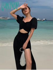 Lunivop Summer Black Vintage Y2K Dress Women Solid Sexy Split Party Midi Female Casual Korean