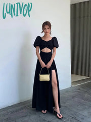 Lunivop Summer Black Vintage Y2K Dress Women Solid Sexy Split Party Midi Female Casual Korean