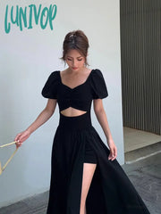 Lunivop Summer Black Vintage Y2K Dress Women Solid Sexy Split Party Midi Female Casual Korean
