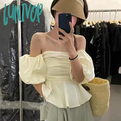 Lunivop Summer Blouse Female French Vintage Temperament Blusa Slash Neck Sexy Off Shoulder Waist