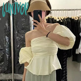 Lunivop Summer Blouse Female French Vintage Temperament Blusa Slash Neck Sexy Off Shoulder Waist