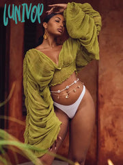 Lunivop Summer Blouses Shirts Women V-Neck Puff Sleeve Slim Blusas See Through Sexy Beachwear Tops