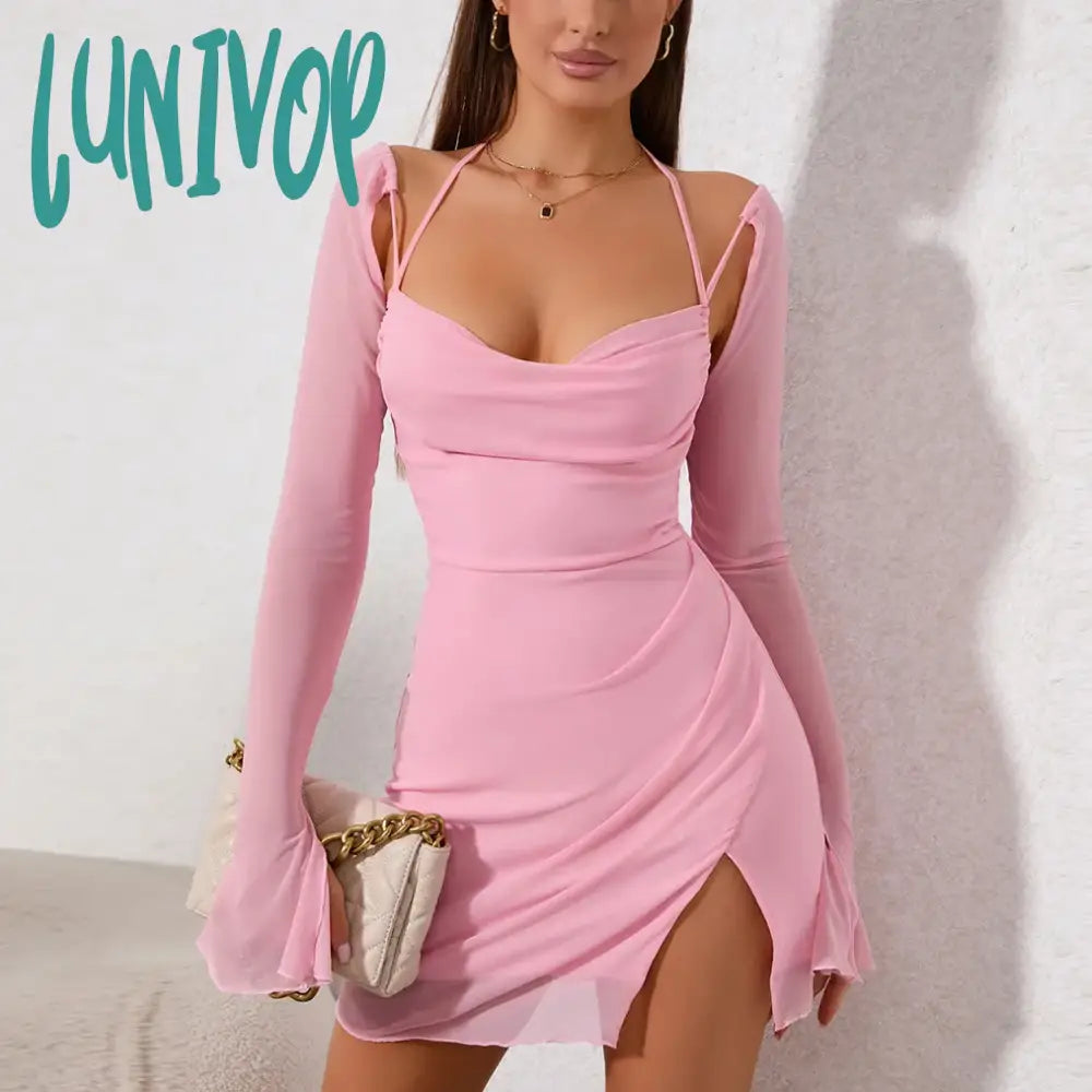 Lunivop Summer Bodycon Long Sleeve Mesh Dress Elegant Casual Halter Holiday Party Dresses Lined