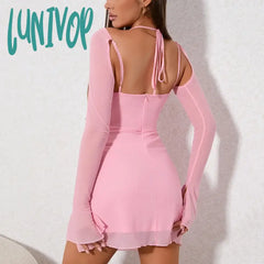 Lunivop Summer Bodycon Long Sleeve Mesh Dress Elegant Casual Halter Holiday Party Dresses Lined