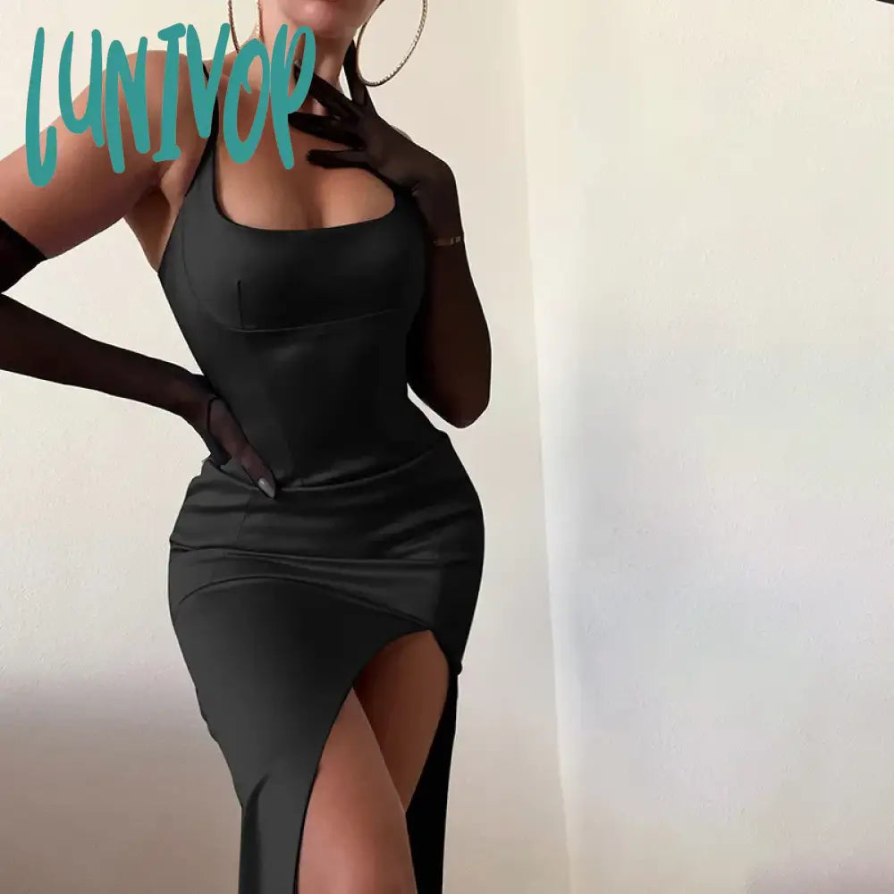 Lunivop Summer Bodycon Satin Red Birthday Party Dresses Sexy Spaghetti Strap Midi Dress Elegant
