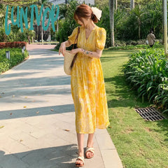 Lunivop Summer Bohemian Yellow Women’s Senior Sense Chiffon V-Neck High Waist Thin Temperament