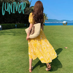 Lunivop Summer Bohemian Yellow Women’s Senior Sense Chiffon V-Neck High Waist Thin Temperament