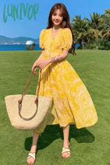Lunivop Summer Bohemian Yellow Women’s Senior Sense Chiffon V-Neck High Waist Thin Temperament