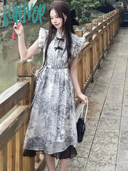 Lunivop Summer Bow Elegant Mini Dress Women Ruffle Flounce Vintage Party Female Korean Fashion