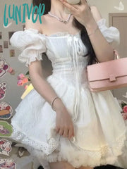 Lunivop Summer Bow Kawaii Fairy Dress Women Solid Lace Y2K Party Mini Female Casual Korean Fashion