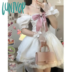 Lunivop Summer Bow Kawaii Fairy Dress Women Solid Lace Y2K Party Mini Female Casual Korean Fashion