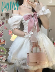Lunivop Summer Bow Kawaii Fairy Dress Women Solid Lace Y2K Party Mini Female Casual Korean Fashion