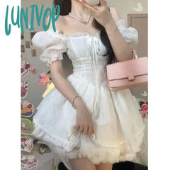 Lunivop Summer Bow Kawaii Fairy Dress Women Solid Lace Y2K Party Mini Female Casual Korean Fashion