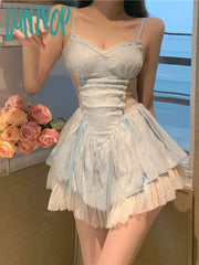 Lunivop Summer Bule Lace Y2K Kawaii Dress Women Korean Style Sexy Party Mini Female France Fashion