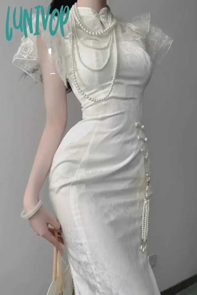 Lunivop Summer Chinese Style Cheongsam Dress Women Stand Collar Short Sleeve Lace Patchwork Slim