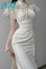 Lunivop Summer Chinese Style Cheongsam Dress Women Stand Collar Short Sleeve Lace Patchwork Slim