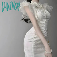 Lunivop Summer Chinese Style Cheongsam Dress Women Stand Collar Short Sleeve Lace Patchwork Slim