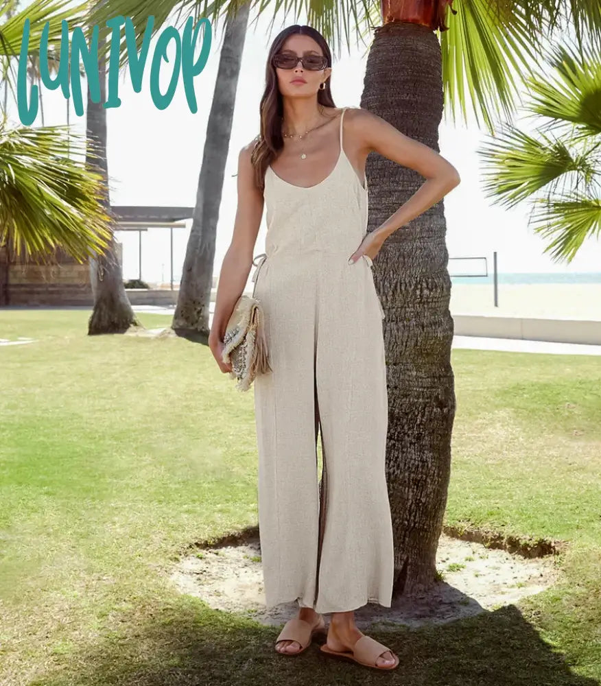 Lunivop Summer Cotton Linen Spaghetti Straps Jumpsuits Lace-Up Wide Legs Rompers Women Vacation