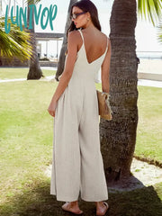 Lunivop Summer Cotton Linen Spaghetti Straps Jumpsuits Lace-Up Wide Legs Rompers Women Vacation