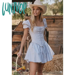 Lunivop Summer Detachable Puff Sleeve Corset Dress Mini Elegant Blue Square Neck Casual Women