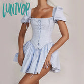 Lunivop Summer Detachable Puff Sleeve Corset Dress Mini Elegant Blue Square Neck Casual Women