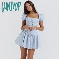 Lunivop Summer Detachable Puff Sleeve Corset Dress Mini Elegant Blue Square Neck Casual Women