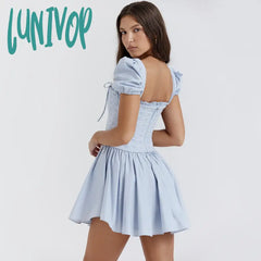 Lunivop Summer Detachable Puff Sleeve Corset Dress Mini Elegant Blue Square Neck Casual Women