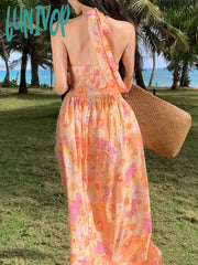 Lunivop Summer Elegant Casual Women Floral Dress Halter A-Line Beach Holiday Party Long Robe Female